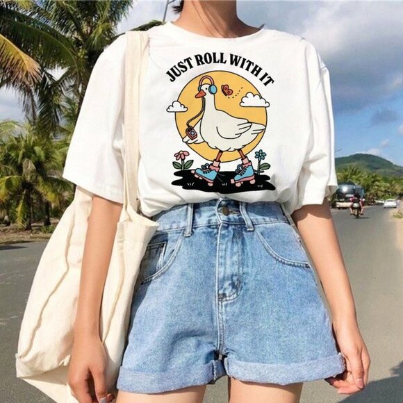 Tops - Cute Goose Tshirt, Postive Quote Tee, Trendy Just roll with it T-shirt